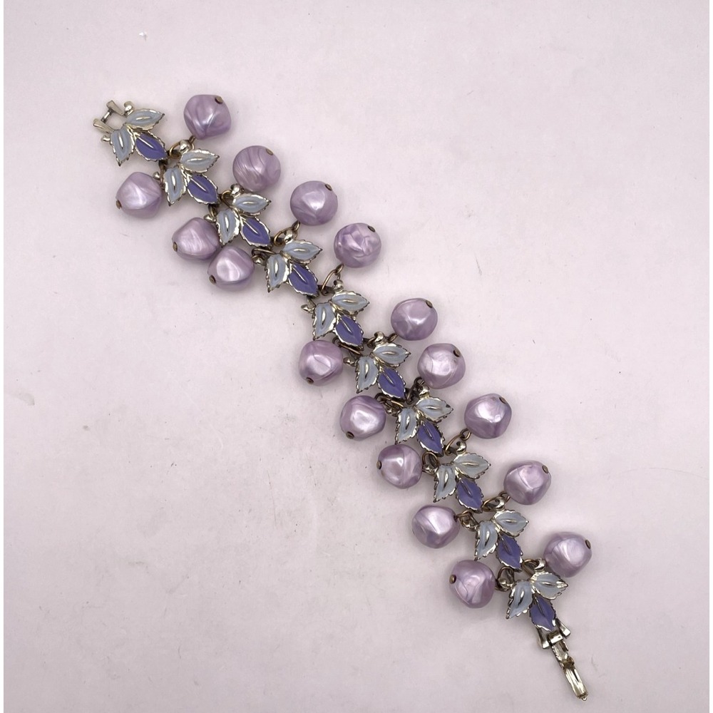 Vintage Mid Century Purple‎ Enamel Leaf & Bead Cluster Bracelet READ